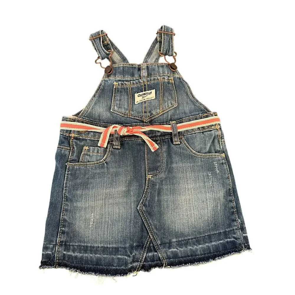 OshKosh B'gosh Girls Blue Ribbon Belt Skirtalls Denim Jeans Overall Size 18M